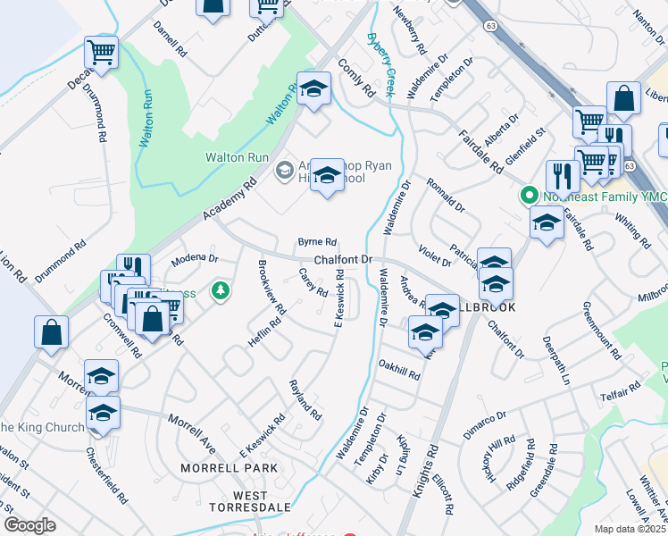 map of restaurants, bars, coffee shops, grocery stores, and more near 10960 East Keswick Road in Philadelphia