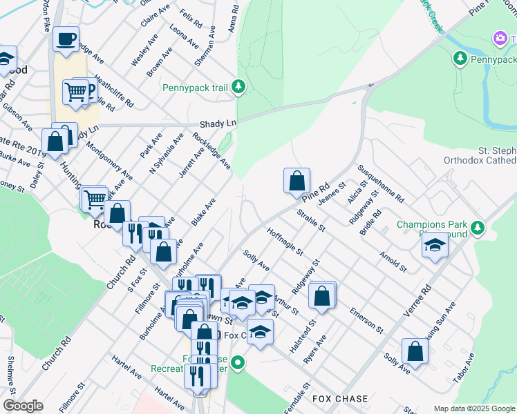 map of restaurants, bars, coffee shops, grocery stores, and more near 325 Hoffnagle Street in Philadelphia