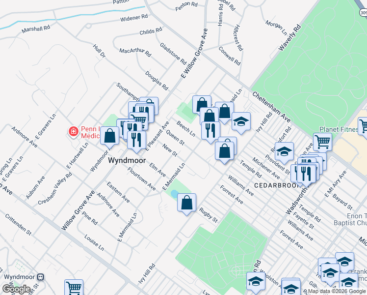 map of restaurants, bars, coffee shops, grocery stores, and more near 7707 New Street in Wyndmoor