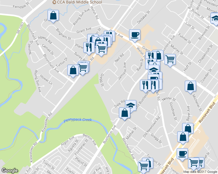 map of restaurants, bars, coffee shops, grocery stores, and more near 1532 Marcy Place in Philadelphia