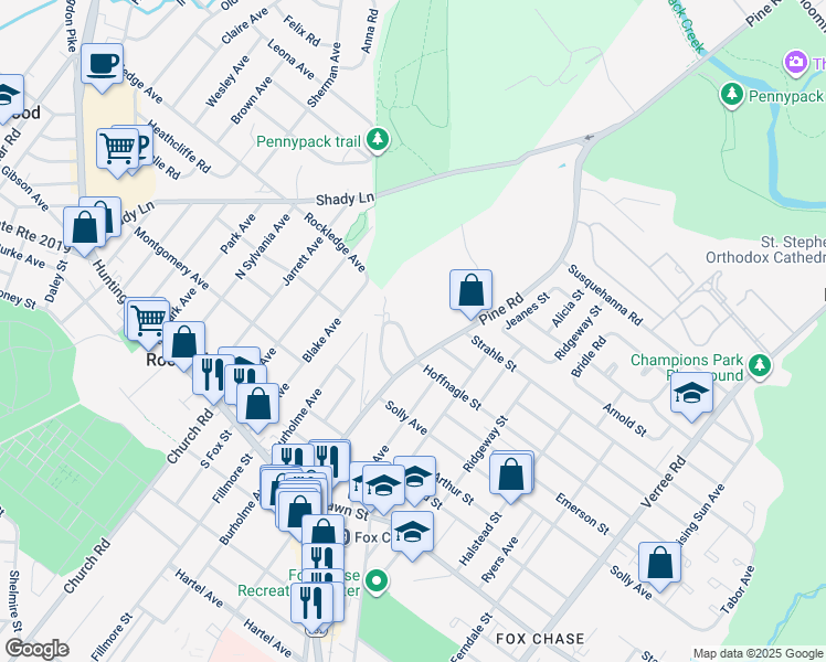 map of restaurants, bars, coffee shops, grocery stores, and more near 325 Hoffnagle Street in Philadelphia