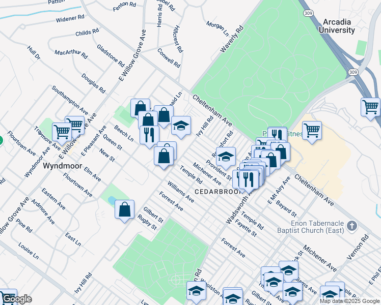 map of restaurants, bars, coffee shops, grocery stores, and more near 8652 Provident Street in Philadelphia