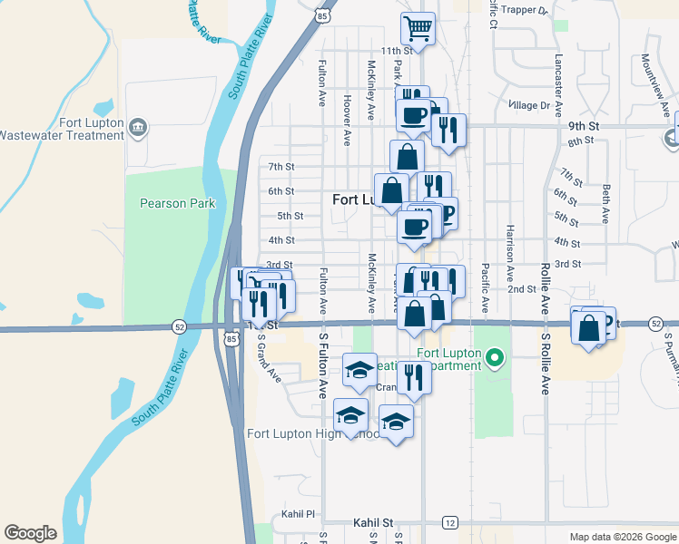 map of restaurants, bars, coffee shops, grocery stores, and more near 401 2nd Street in Fort Lupton