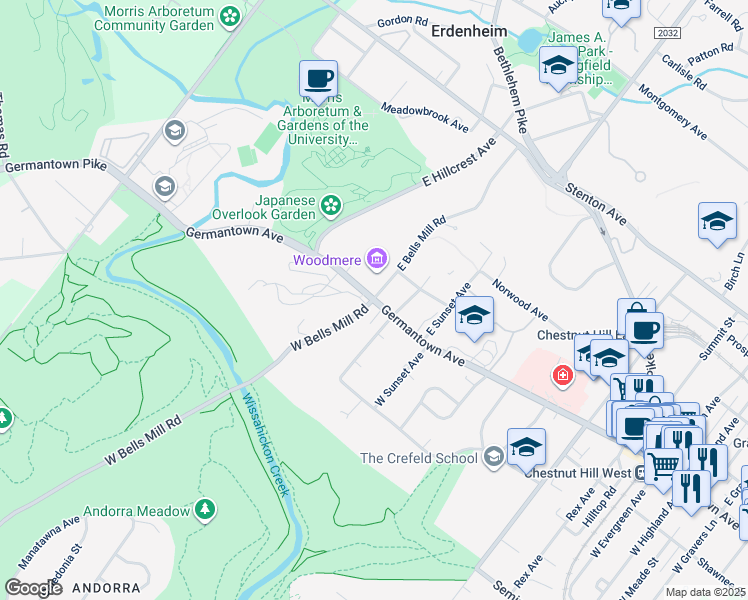 map of restaurants, bars, coffee shops, grocery stores, and more near Germantown Avenue & East Bells Mill Road in Philadelphia