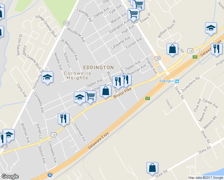 map of restaurants, bars, coffee shops, grocery stores, and more near 2591 Finley Avenue in Bensalem
