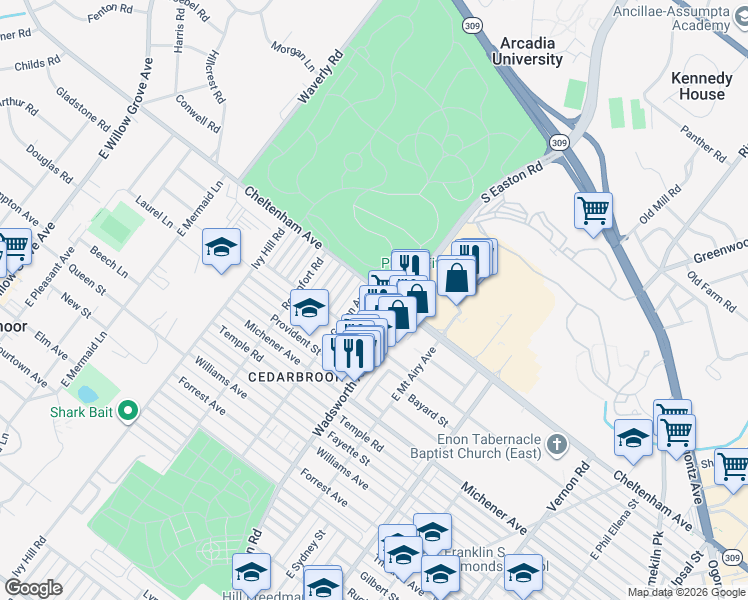 map of restaurants, bars, coffee shops, grocery stores, and more near 1607 Wadsworth Avenue in Philadelphia