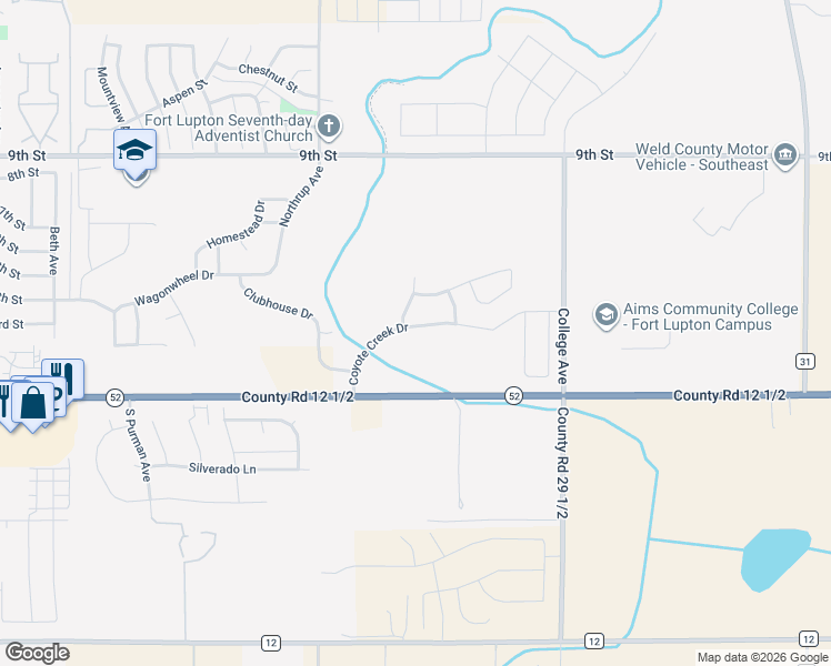 map of restaurants, bars, coffee shops, grocery stores, and more near 2160 Coyote Creek Drive in Fort Lupton