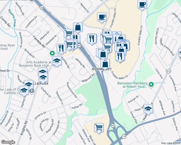 map of restaurants, bars, coffee shops, grocery stores, and more near 12036 Millbrook Road in Philadelphia