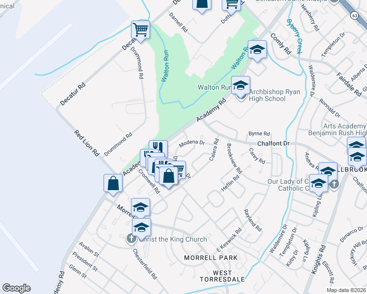 map of restaurants, bars, coffee shops, grocery stores, and more near 10835 Harrow Road in Philadelphia