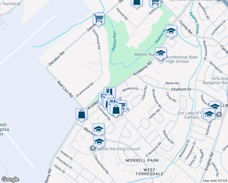map of restaurants, bars, coffee shops, grocery stores, and more near 10802 Modena Terrace in Philadelphia