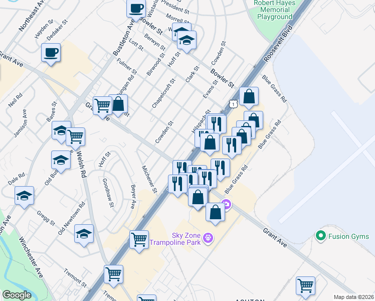 map of restaurants, bars, coffee shops, grocery stores, and more near in Philadelphia