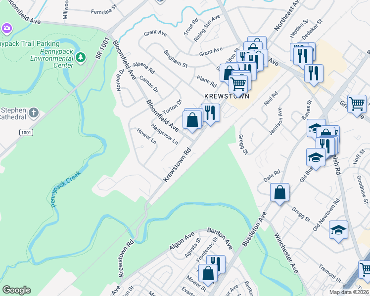 map of restaurants, bars, coffee shops, grocery stores, and more near 8732 Krewstown Road in Philadelphia
