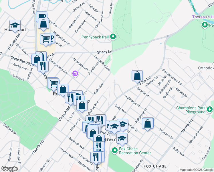 map of restaurants, bars, coffee shops, grocery stores, and more near 8222 Rockwell Avenue in Philadelphia