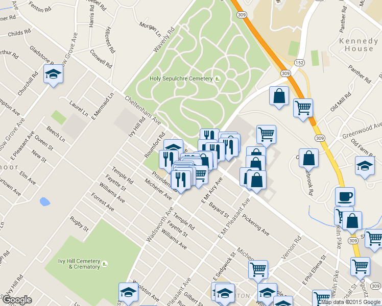 map of restaurants, bars, coffee shops, grocery stores, and more near 1607 Wadsworth Avenue in Philadelphia