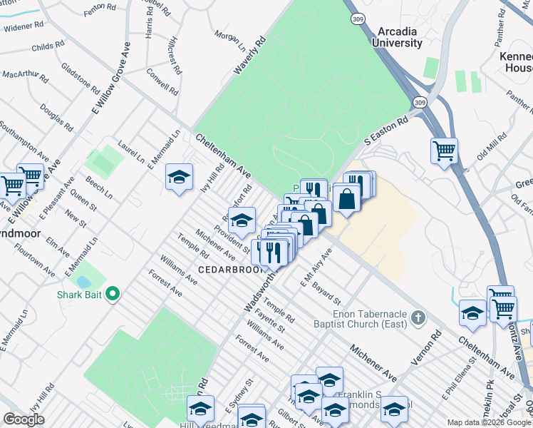map of restaurants, bars, coffee shops, grocery stores, and more near 8447 Pickering Avenue in Philadelphia