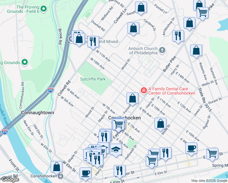 map of restaurants, bars, coffee shops, grocery stores, and more near 806 Maple Street in Conshohocken