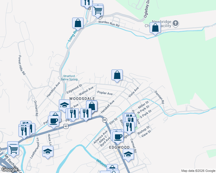 map of restaurants, bars, coffee shops, grocery stores, and more near 128 Poplar Avenue in Wheeling