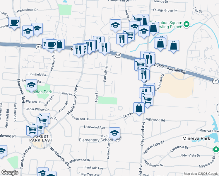 map of restaurants, bars, coffee shops, grocery stores, and more near 5504 Parkshire Drive in Columbus