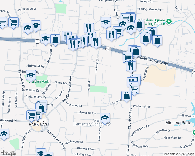 map of restaurants, bars, coffee shops, grocery stores, and more near 2236 Aquapark Avenue in Columbus