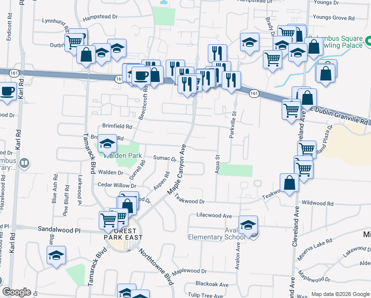 map of restaurants, bars, coffee shops, grocery stores, and more near 2124 Sumac Loop North in Columbus
