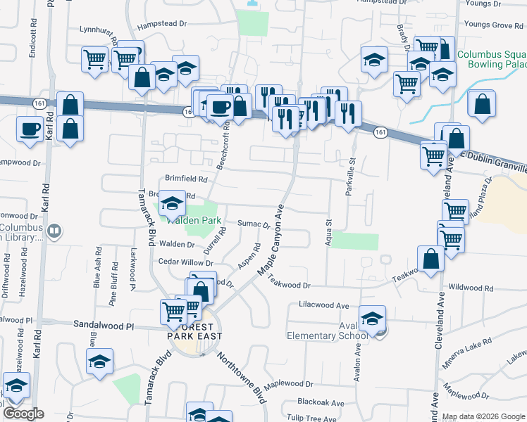map of restaurants, bars, coffee shops, grocery stores, and more near 5523 Maple Canyon Avenue in Columbus