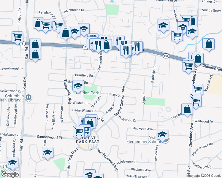 map of restaurants, bars, coffee shops, grocery stores, and more near 5522 Cedarbush Road in Columbus