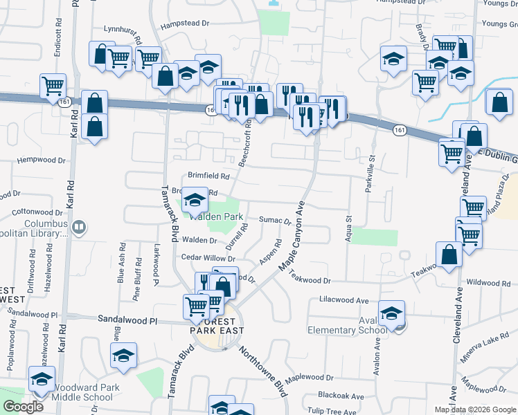 map of restaurants, bars, coffee shops, grocery stores, and more near 5522 Cedarbush Road in Columbus