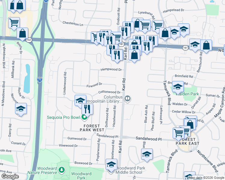 map of restaurants, bars, coffee shops, grocery stores, and more near 5605 Hazelwood Road in Columbus