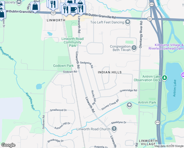 map of restaurants, bars, coffee shops, grocery stores, and more near 5996 Rocky Rill Road in Columbus