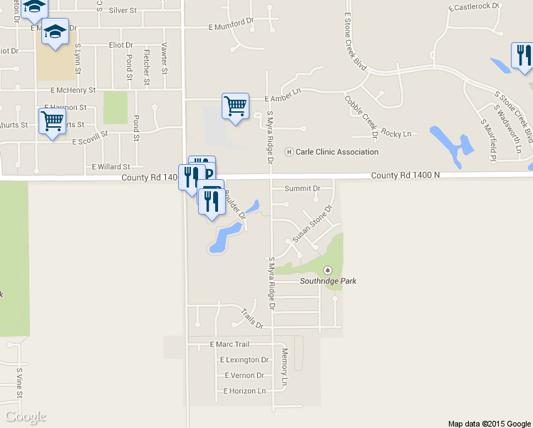 map of restaurants, bars, coffee shops, grocery stores, and more near 2810 South Myra Ridge Drive in Urbana