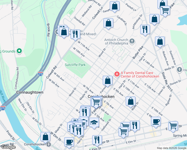 map of restaurants, bars, coffee shops, grocery stores, and more near 806 Maple Street in Conshohocken