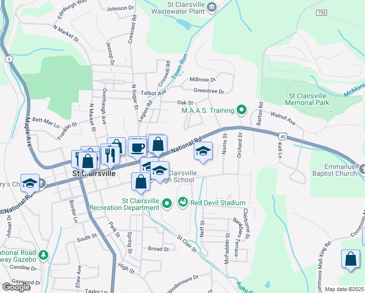 map of restaurants, bars, coffee shops, grocery stores, and more near 220 East Main Street in Saint Clairsville
