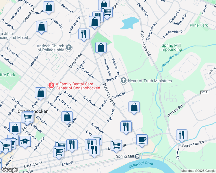 map of restaurants, bars, coffee shops, grocery stores, and more near 324 East North Lane in Conshohocken