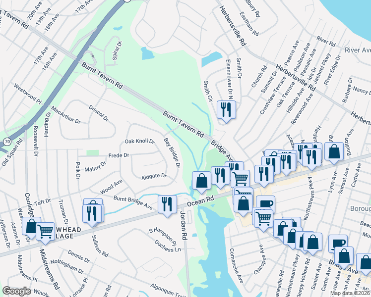 map of restaurants, bars, coffee shops, grocery stores, and more near 32 Bay Bridge Drive in Brick Township
