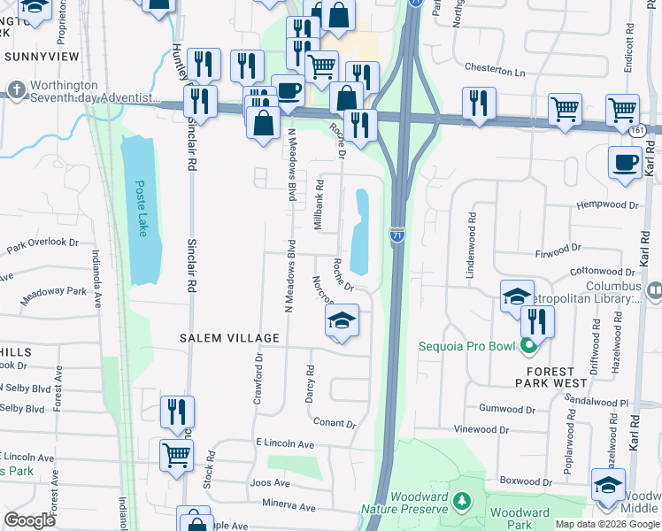 map of restaurants, bars, coffee shops, grocery stores, and more near 5640 Roche Drive in Columbus