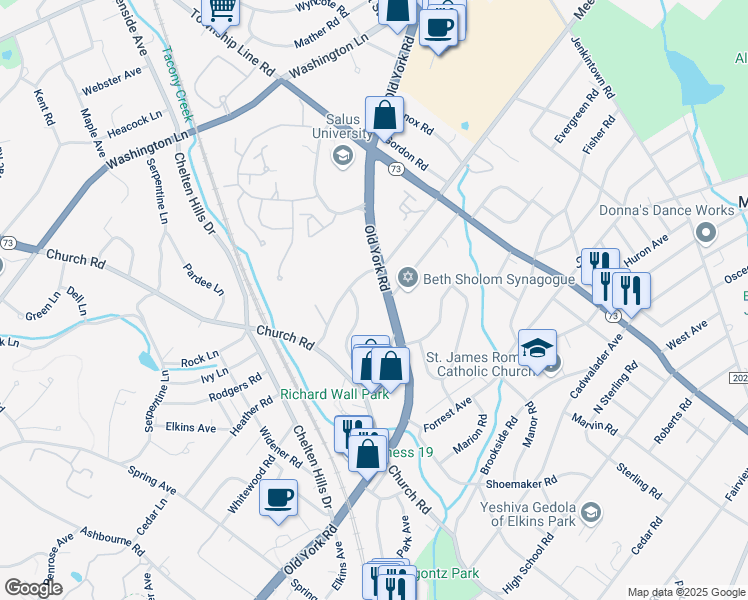 map of restaurants, bars, coffee shops, grocery stores, and more near 8230 Old York Road in Elkins Park