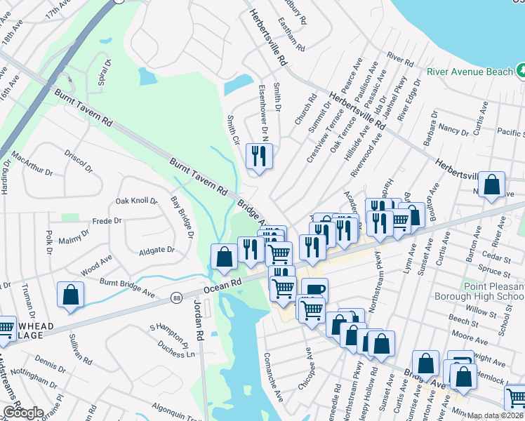 map of restaurants, bars, coffee shops, grocery stores, and more near 3403 Bridge Avenue in Point Pleasant