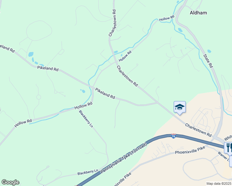 map of restaurants, bars, coffee shops, grocery stores, and more near 2168 Pikeland Road in Malvern