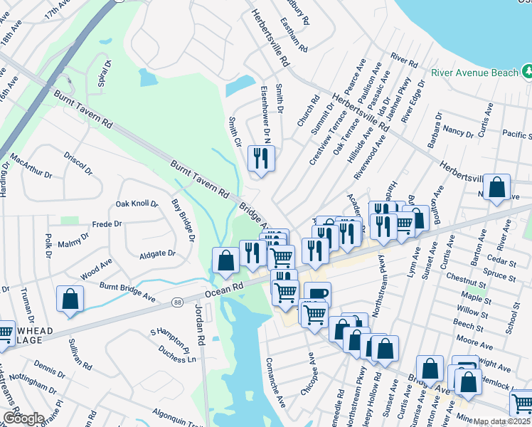 map of restaurants, bars, coffee shops, grocery stores, and more near 3403 Bridge Avenue in Point Pleasant