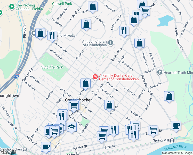 map of restaurants, bars, coffee shops, grocery stores, and more near 1020 Fayette Street in Conshohocken