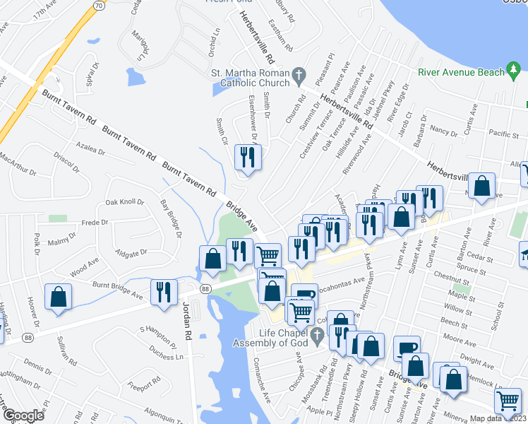 map of restaurants, bars, coffee shops, grocery stores, and more near 3401 Bridge Avenue in Point Pleasant