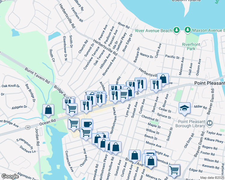 map of restaurants, bars, coffee shops, grocery stores, and more near 614 Marshall Drive in Point Pleasant