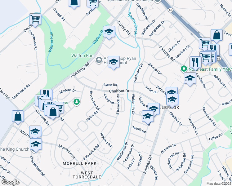 map of restaurants, bars, coffee shops, grocery stores, and more near 10962 East Keswick Road in Philadelphia