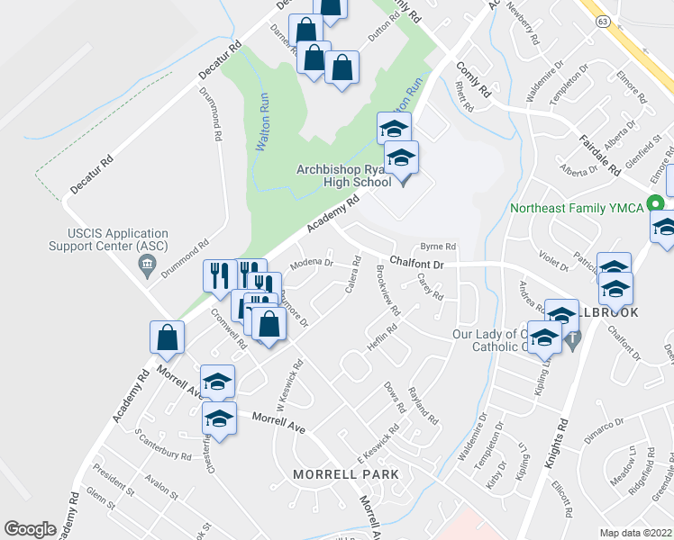 map of restaurants, bars, coffee shops, grocery stores, and more near 10915 Modena Drive in Philadelphia