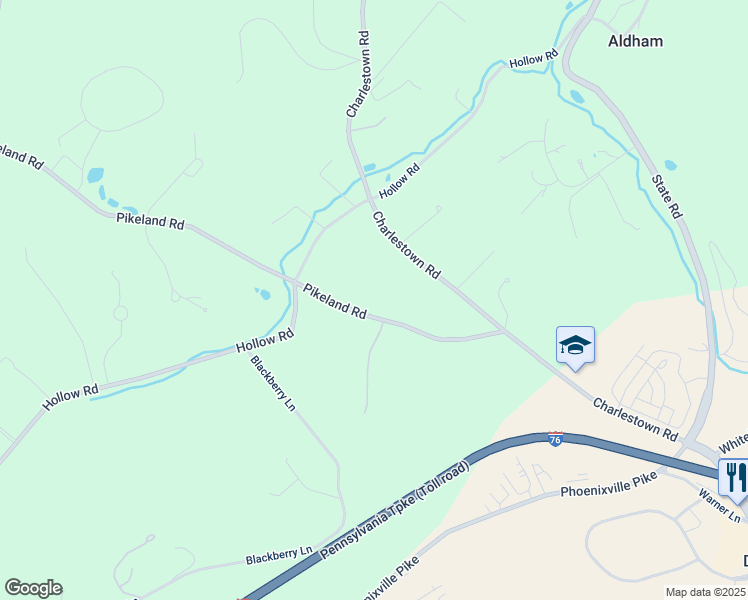 map of restaurants, bars, coffee shops, grocery stores, and more near 2168 Pikeland Road in Malvern