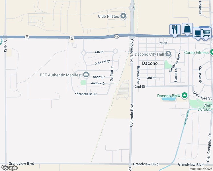 map of restaurants, bars, coffee shops, grocery stores, and more near 340 Andrew Drive in Dacono