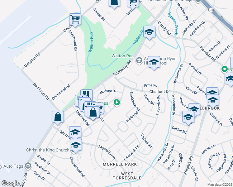 map of restaurants, bars, coffee shops, grocery stores, and more near 10915 Modena Drive in Philadelphia