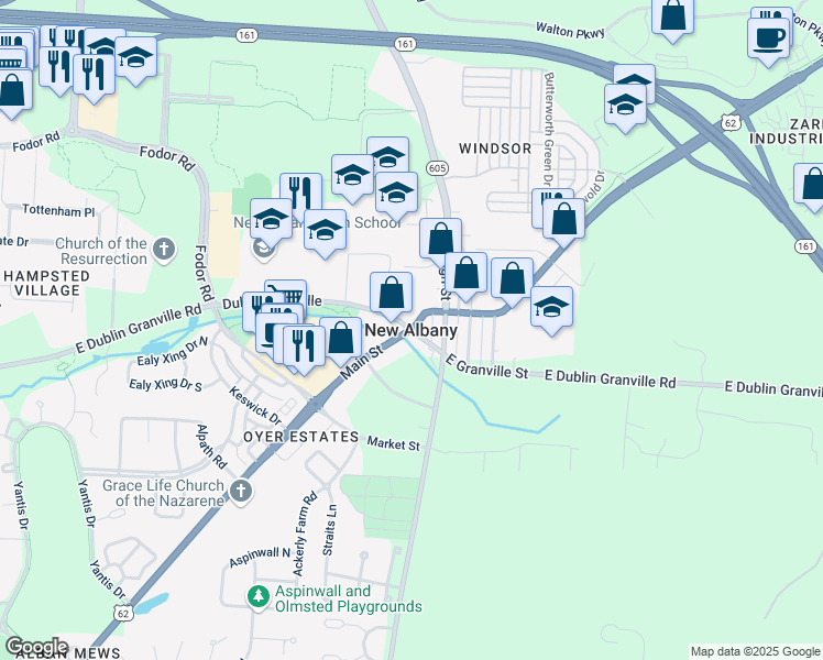 map of restaurants, bars, coffee shops, grocery stores, and more near in New Albany