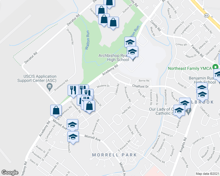 map of restaurants, bars, coffee shops, grocery stores, and more near 10909 Modena Drive in Philadelphia
