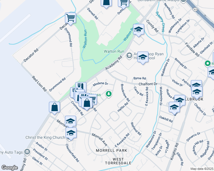 map of restaurants, bars, coffee shops, grocery stores, and more near 10909 Modena Drive in Philadelphia